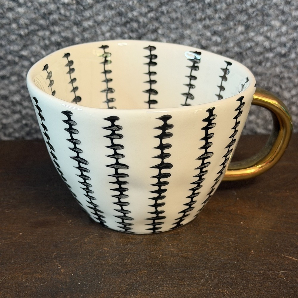 World Market Black And White Striped Mug With Gold Handle
